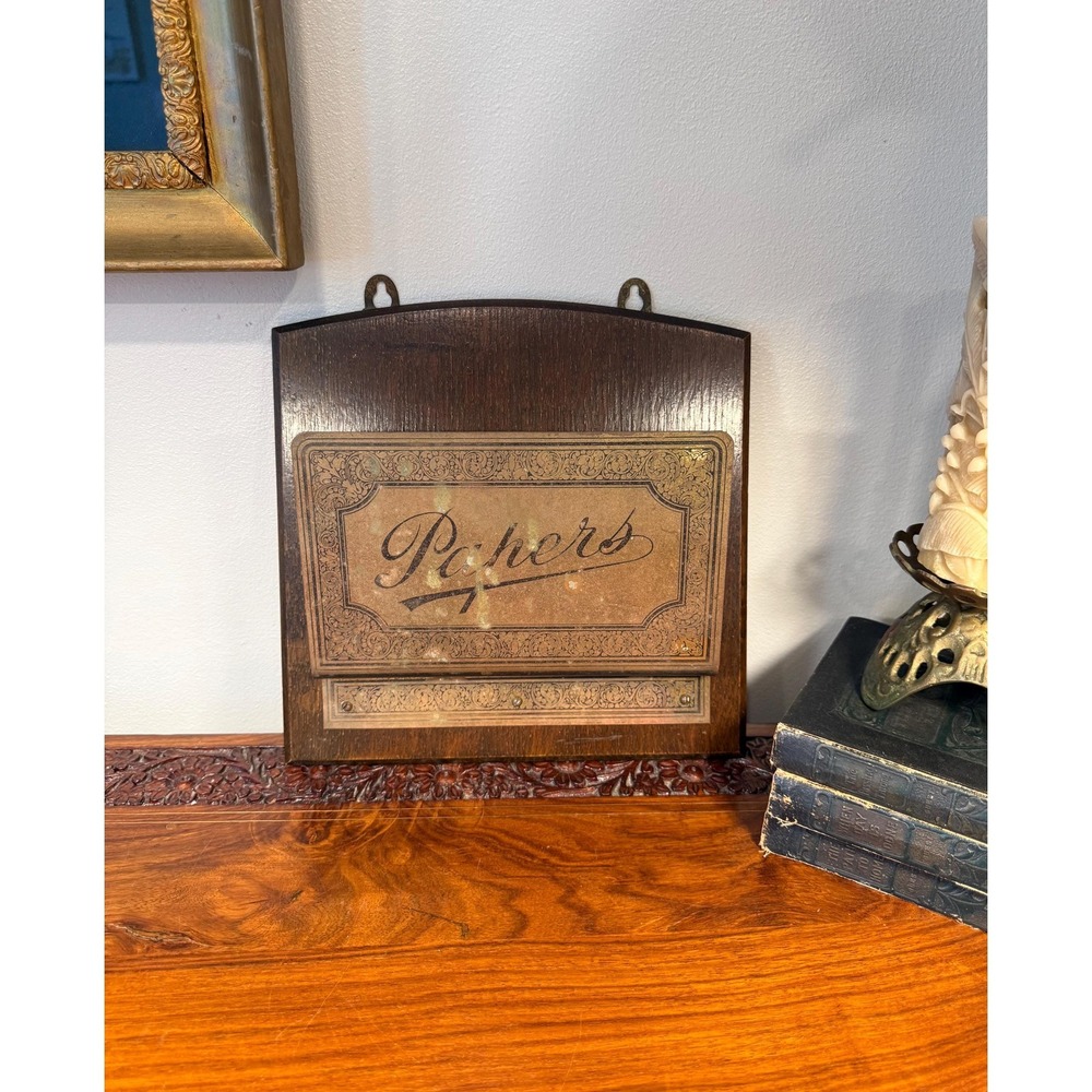 Antique‎ Oak Paper Holder with Brass Front